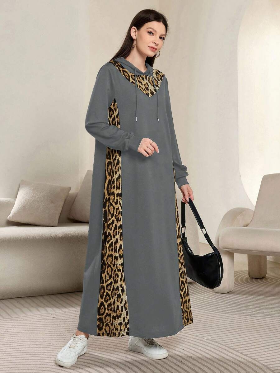 Mulvari Women Leopard Print Patchwork Hooded Sweatshirt Dress - Grey - View 1