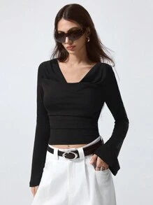 LYSMO Women's Draped Neck Solid Color Long Sleeve T-Shirt For Party Occasion