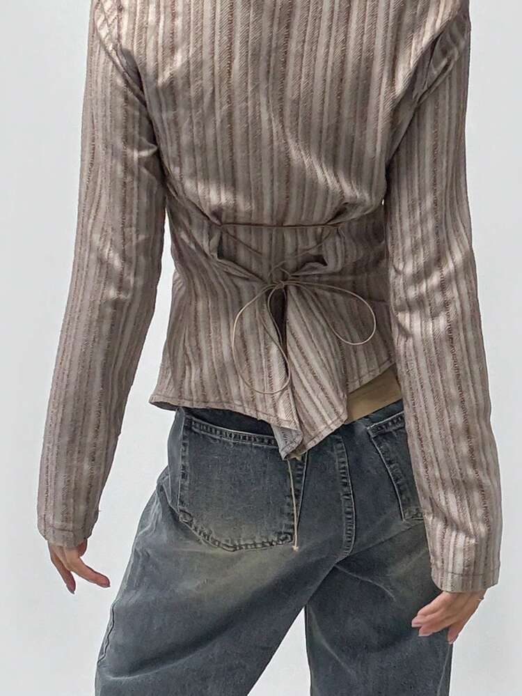 Women's Collared Tie Cuff Regular Texture Striped Long Sleeve Fitted Shirt, Khaki Color, Spring/Autumn,Fall Women Clothes