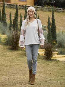 LanaWest Women's Casual Loose Fit Color Block Long Sleeve V-Neck T-Shirt, Versatile Fashion For Spring & Autumn Graphic Tees Women Tops For Spring