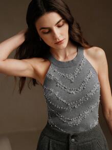 Anewsta Luxurious Gold Pearl Decor Crew Neck Knit Tank Top For Christmas - Grey - View 6