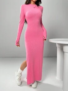SHEIN EZwear 女士纯色圆领长袖休闲开衩下摆紧身连衣裙 - 粉色 - 查看 6