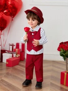SHEIN 2pcs Set Baby Boys Casual 2 In 1 Vest Shirt, Striped Shirt Top And Straight Pants With Bow Tie , Suitable For Spring/Autumn, Suitable For Christmas, Birthday, Christening, 1st Birthday Party, Evening Party, Performance, Wedding