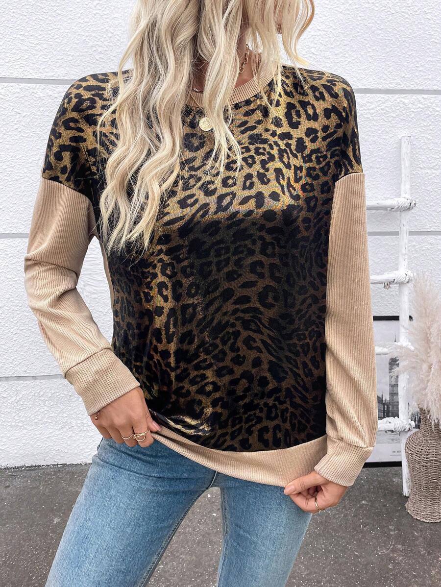 SHEIN LUNE Sudadera informal con bloques de color, estampado de leopardo y parches, jersey de otoño - Caqui - Ver 1