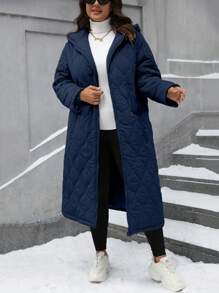 SHEIN LUNE Plus Size Casual Solid Color Hooded Long Winter Clothes Puffer Jacket Fall Cloth For Women Autumn - Navy Blue - View 4