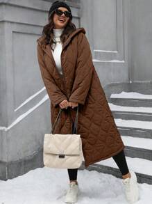 SHEIN LUNE 大码新年和圣诞节休闲钻石图案长款连帽棉服夹棉外套衣服冬季保暖 - 棕色 - 查看 3