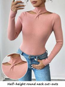 SHEIN Unity كنزة صوفية محبوكة طويلة الأكمام بياقة عالية وفتحات على الكتف للنساء في فصلي الخريف والشتاء - وردي المرجاني - مشاهدة 1