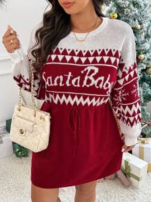 SHEIN Frenchy Plus Size Women Christmas Letter A Print Sweater Dress In Fall/Winter - Red - View 3