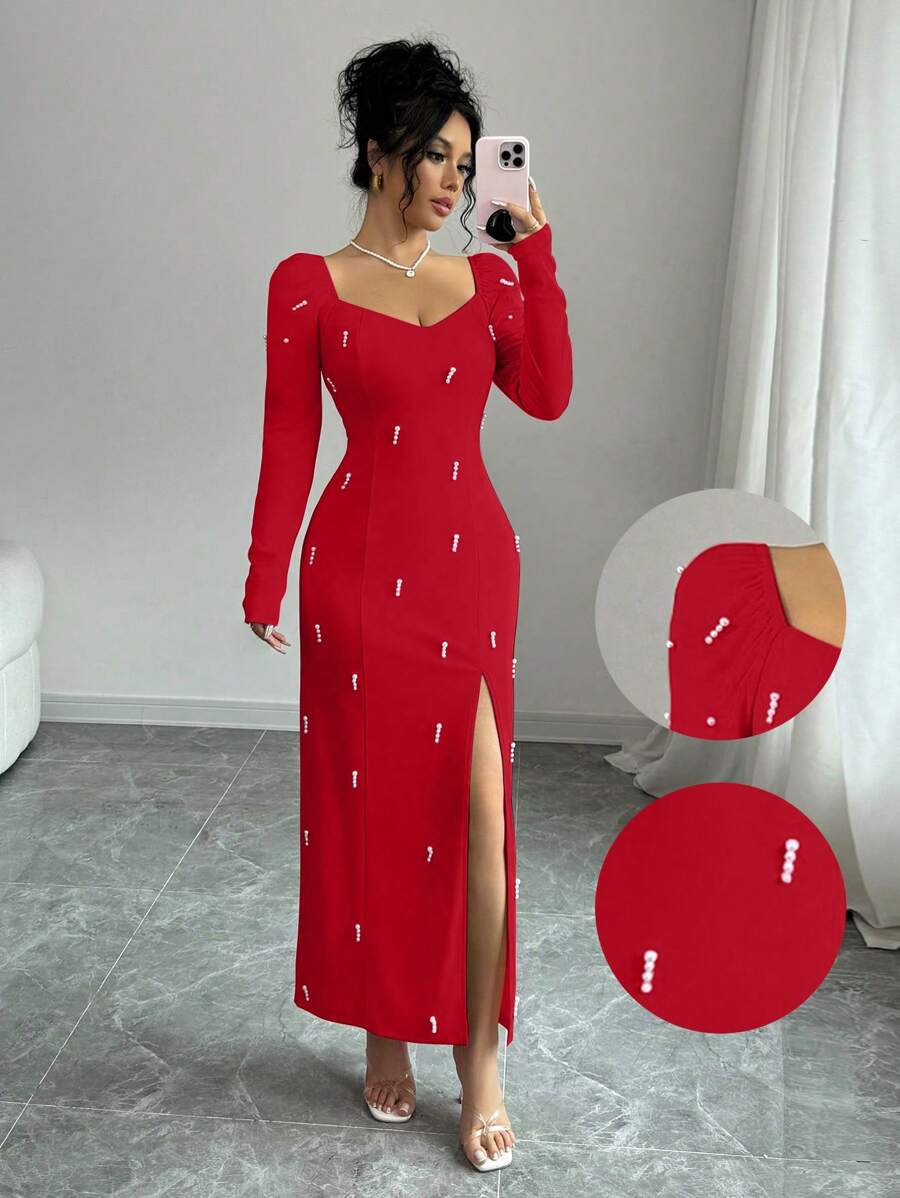 Rafferiza Sexy French High-End Beaded Slit Dress - Red - View 1