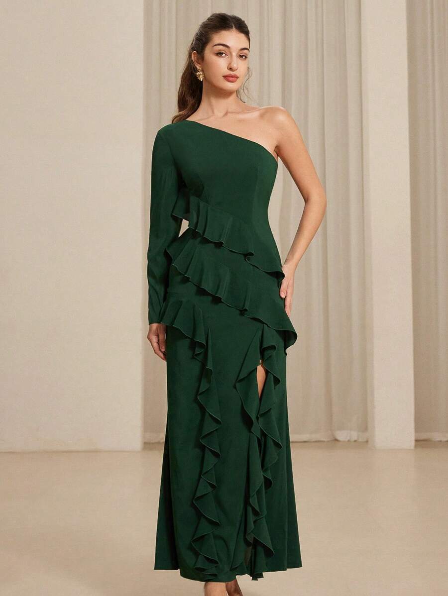 Aveloria Women's One Shoulder Long Sleeve Ruffle Hem Slit Dress, Suitable For Valentine's Day, Spring And Summer Fall Cloth For Women - Dark Green - View 1
