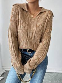 SHEIN Unity 纯色字母纹理图案休闲套头毛衣针织衫秋冬款 - 駝色 - 查看 6