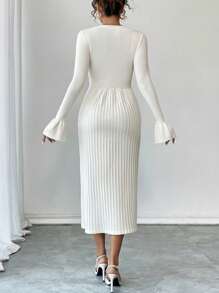 Calvaya Elegant Ruffled Long Sleeve Knitted Pleated Dress, Versatile Sweater Dress For Women