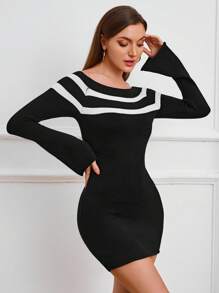 Zolique Striped Off-Shoulder Bodycon Knit Dress For Women, Sweater Dress, Off Shoulder Dress - Black - View 5