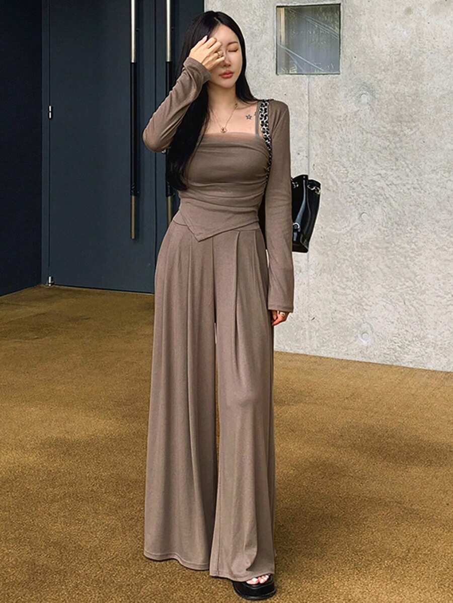 DAZY 3 件套：优雅吊带背心和阔腿裤套装，适合女士 - 卡其色 - 查看 1