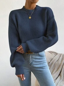 Chiquease Casual Solid Color Drop Shoulder Knit Sweater, Autumn/Winter Knit Pullover Fall - Blue - View 3