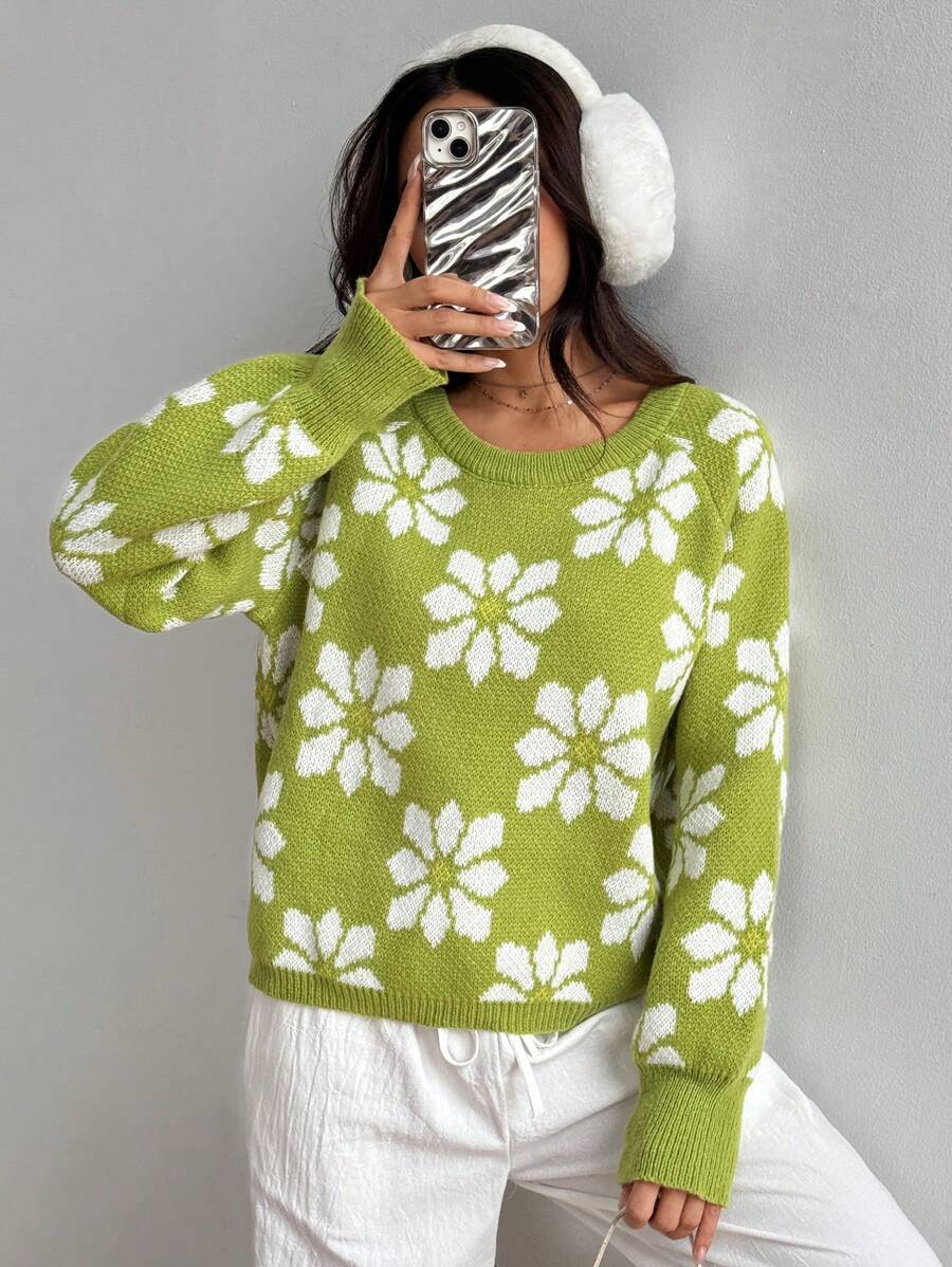 SHEIN Unity Áo len nữ cổ tròn tay raglan họa tiết hoa toàn thân, kiểu dáng thường ngày, thích hợp mặc mùa thu/đông. - màu xanh lá - Xem 1