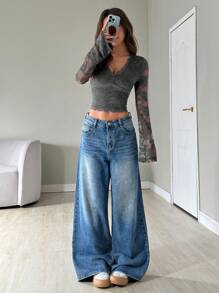 SHEIN EZwear 女士休闲复古蕾丝喇叭袖 T 恤 - 灰色 - 查看 3