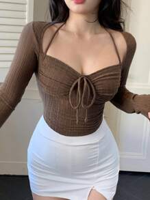 DAZY Drawstring Tie Waist Fitted Long Sleeve Women T-Shirt, 2 In 1 Look,Fall Clothes