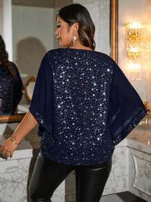 SHEIN Clasi Blouse ample en mousseline de soie à manches évasées avec empiècement et imprimé métallique. Convient aux grandes tailles. Élégante pour Noël, Halloween, automne/hiver