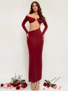 Aloruh Women's Ankara Red Extra Long Metallic Hollow Out Slim High Slit Romantic Date Night Dress Valentine's Day Outfit