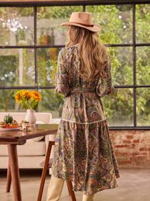 LanaWest Women's Casual Loose Fit Puff Sleeve High-Low Hemline Dress With Paisley Flower Print, Autumn Maxi Women Outfit - Multicolor - View 2