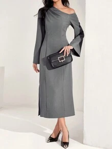 Heiryn Women Contrast Color Asymmetric Neck Long Sleeve Elegant Dress - Grey - View 3