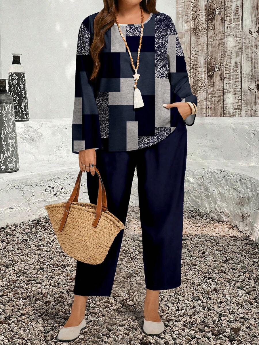 EMERY ROSE 2pcs/Set Casual Minimalist All-Over Print Top And Solid Color Pants, Plus Size