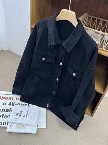 DAZY Women's Solid Color Button Front Casual Versatile Long Sleeve Denim Jacket - Black - View 6