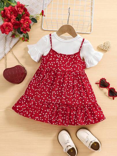 Conjunto de vestido de tirantes finos con lunares rojos y camiseta de manga corta para niña, estilo de verano