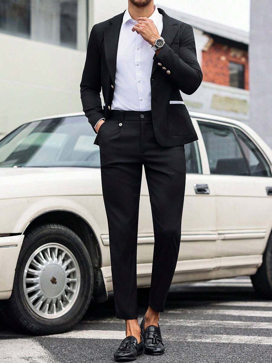 Calvornis Men's Contrast Color Lapel Neck Long Sleeve Jacket And Pants Casual Suit Set, Autumn ,Men's Business Commute INS Versatile Black Suit Set With Golden Buttons. Men Two Pieces Outfits - Black - View 1