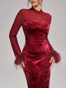 SHEIN Belle Vestido de cóctel elegante de cuello alto con contraste de malla, puño de peluche y ajuste ceñido, para uso en fiestas de vacaciones. Vestido elegante de princesa y celebridad de internet, popular para uso diario con efecto estilizador de cintura y cadera, adecuado para cenas formales, fiestas de baile, Navidad, Año Nuevo, San Valentín, boda y primavera.