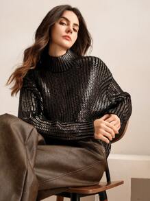 Anewsta High-End French Style Gold Foil Embellished Crew Neck Sweater Knit Pullover Fall Winter Sweater - Gold - View 6
