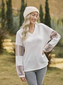 LanaWest Women's Casual Loose Fit Color Block Long Sleeve V-Neck T-Shirt, Versatile Fashion For Spring & Autumn Graphic Tees Women Tops For Spring