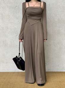 DAZY 3 件套：优雅吊带背心和阔腿裤套装，适合女士 - 卡其色 - 查看 7