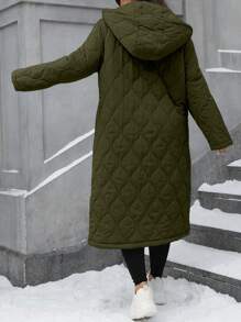 SHEIN LUNE Plus Size Casual Solid Color Hooded Long Winter Clothes Puffer Jacket Fall Cloth For Women Autumn - Dark Green - View 2