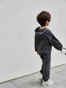 Zestaw 2 szt. w koreańskim stylu, oversize, ciemnoszary, chłopięcy, swobodny, nadruk w litery, kontrastowe wykończenie, wiosenna kurtka i spodnie