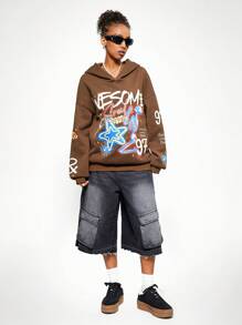 SHEIN EZwear Women's Sport Number Printed Graphics Baggy Sweatshirt Hoodies - Brown - View 6