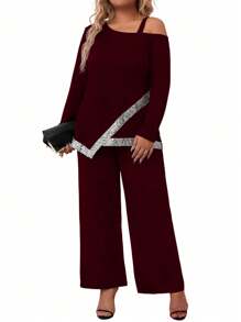 SHEIN LUNE 大码女式亮片拼布不对称下摆针织上衣和休闲裤 2 件套