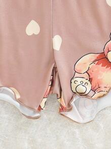 SHEIN 3 件套女孩/青少年女孩绿色熊印花短袖上衣、裤子和短裤睡衣套装 - 卡其色 - 查看 8