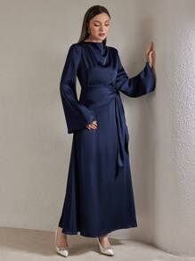 Veilorie Women Elegant Party Solid Color Flare Sleeve Arabic Long Dress Modest - Royal Blue - View 7