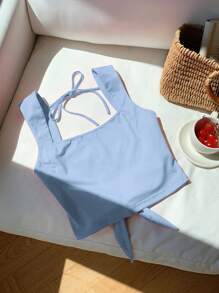 Comfortcana Summer Blue Knit Backless Tie Strap Camisole - Baby Blue - View 3