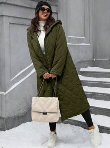 SHEIN LUNE Plus Size Casual Solid Color Hooded Long Winter Clothes Puffer Jacket Fall Cloth For Women Autumn - Dark Green - View 4
