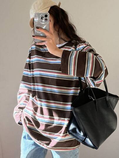 DAZY Striped Loose Fit Long Sleeve Round Neck Casual Women T-Shirt, Minimalist And Fashion, For Everyday Wear,Fall Clothes