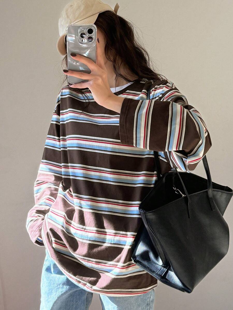 DAZY 条纹宽松长袖圆领休闲女式T恤，简约时尚，适合日常穿着，秋季服装 - 咖啡棕 - 查看 1