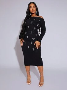 BamGleam Women's Cross Jacquard Off Shoulder Long Sweater Dress, Casual & Minimalistic, Autumn/Winter Fall Cloth For Women - Black - View 1