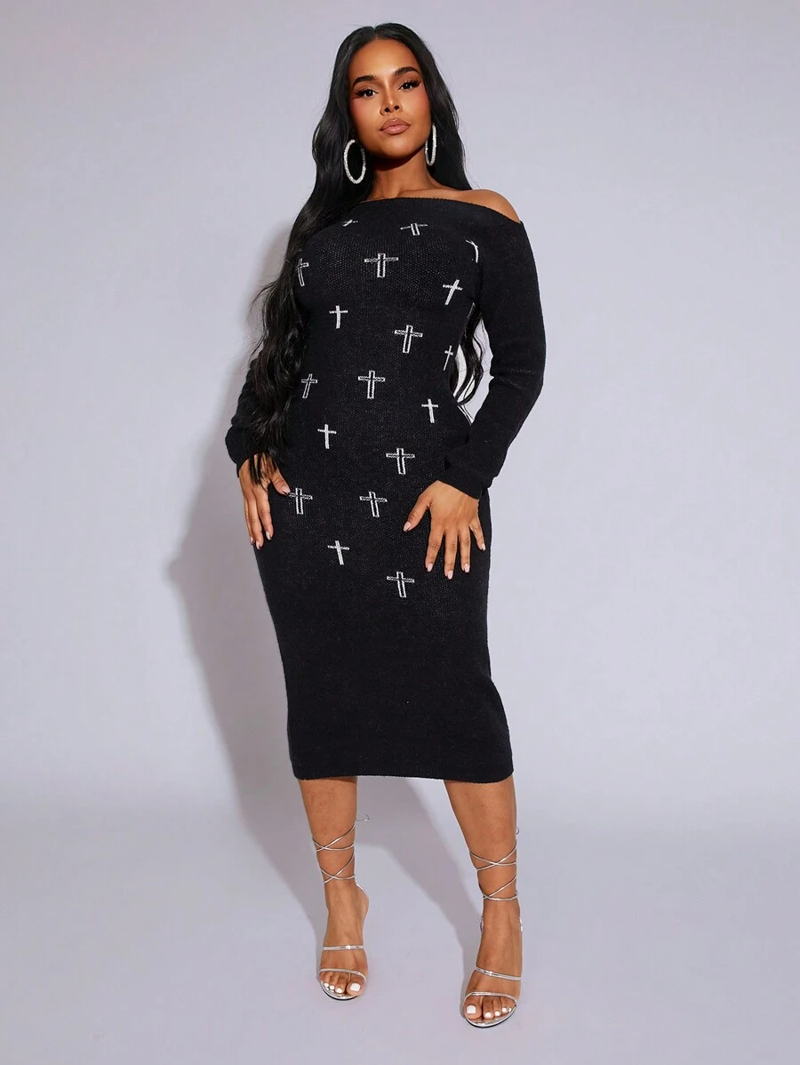 BamGleam Women's Cross Jacquard Off Shoulder Long Sweater Dress, Casual & Minimalistic, Autumn/Winter Fall Cloth For Women - Black - View 1