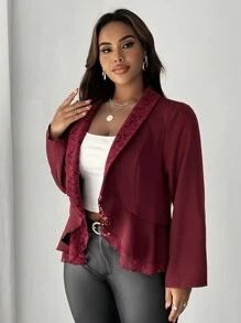 SHEIN Unity 大码女式优雅休闲时尚通勤纯色蕾丝拼布翻领长袖夹克搭配蕾丝荷叶边下摆 - 酒紅色 - 查看 1