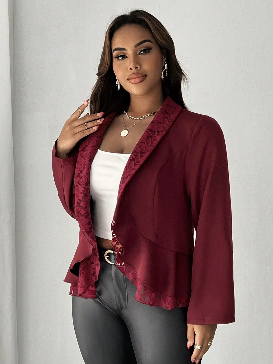 SHEIN Unity 大码女式优雅休闲时尚通勤纯色蕾丝拼布翻领长袖夹克搭配蕾丝荷叶边下摆 - 酒紅色 - 查看 1