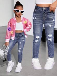 SHEIN Young Girls Blue Denim Ripped Jeggings, Girl Fall Jeans - Light Wash - View 6