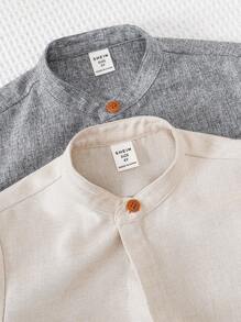 2 件装年轻男孩休闲舒适百搭纯色前开宽松编织短袖衬衫套装，适合旅行、学校、日常聚会、派对、春夏季